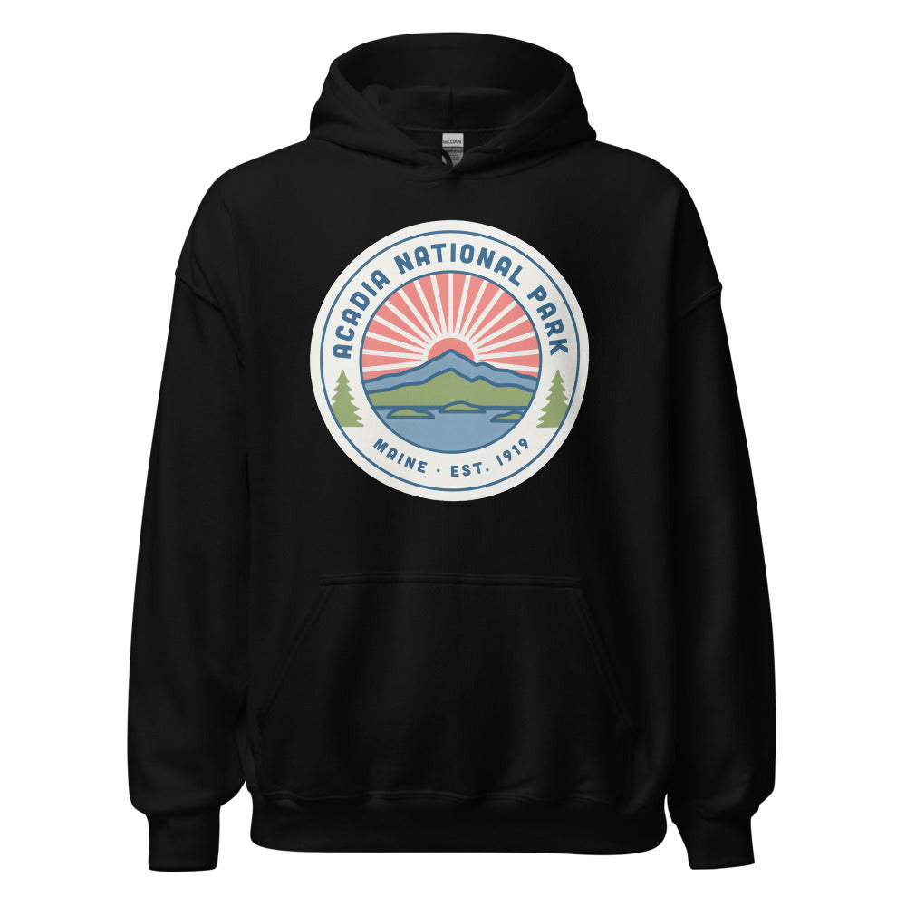Acadia National Park vintage coastal sunrise badge hoodie in black, front view of the heavyweight pullover