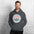 Acadia National Park vintage coastal sunrise badge hoodie in dark heather grey worn by a man, front view