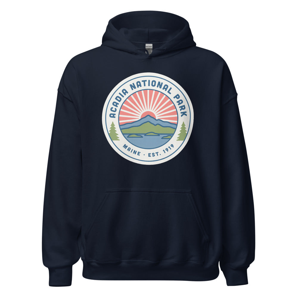 Acadia National Park vintage coastal sunrise badge hoodie in navy, front view of the heavyweight pullover