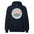 Acadia National Park vintage coastal sunrise badge hoodie in navy, front view of the heavyweight pullover