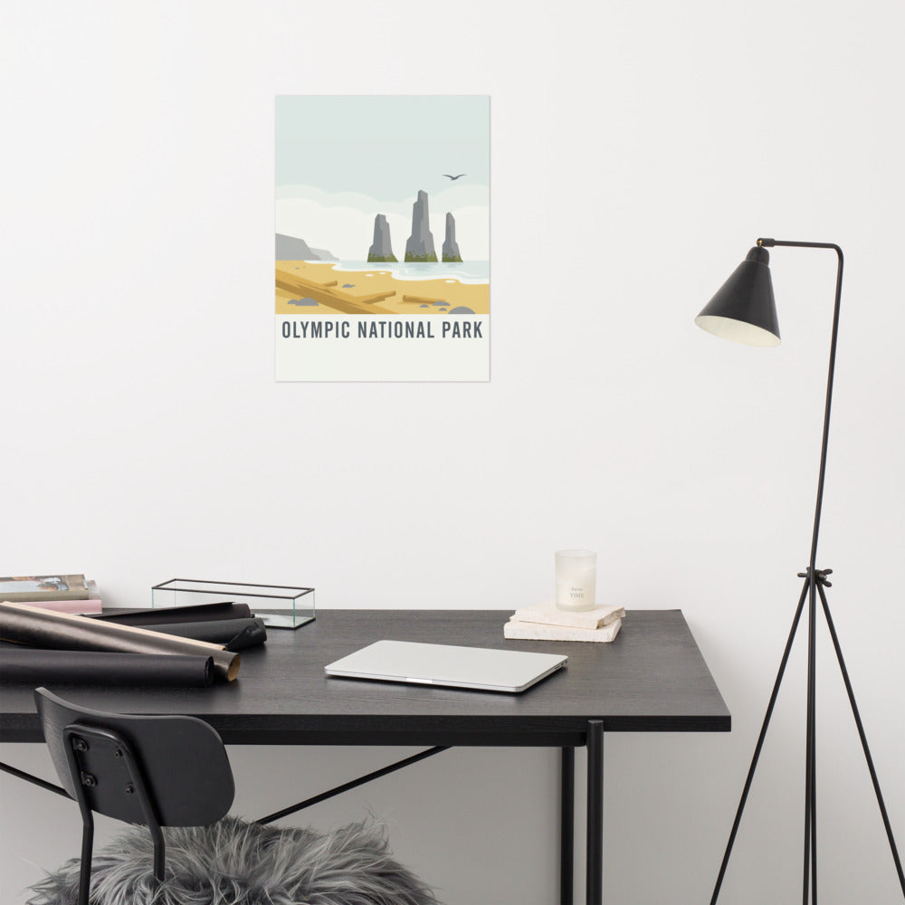Olympic National Park vintage poster hanging above a desk in a home office