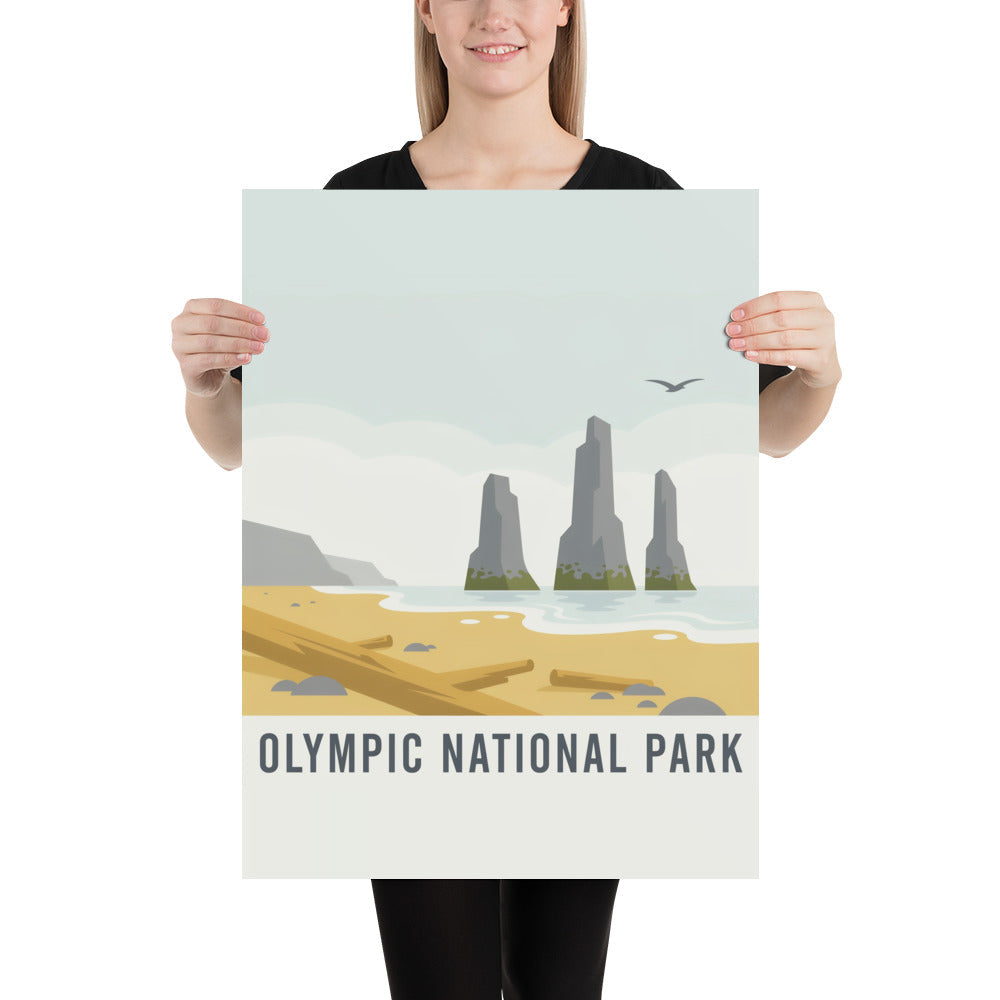 Person holding the Olympic National Park vintage poster to show its scale