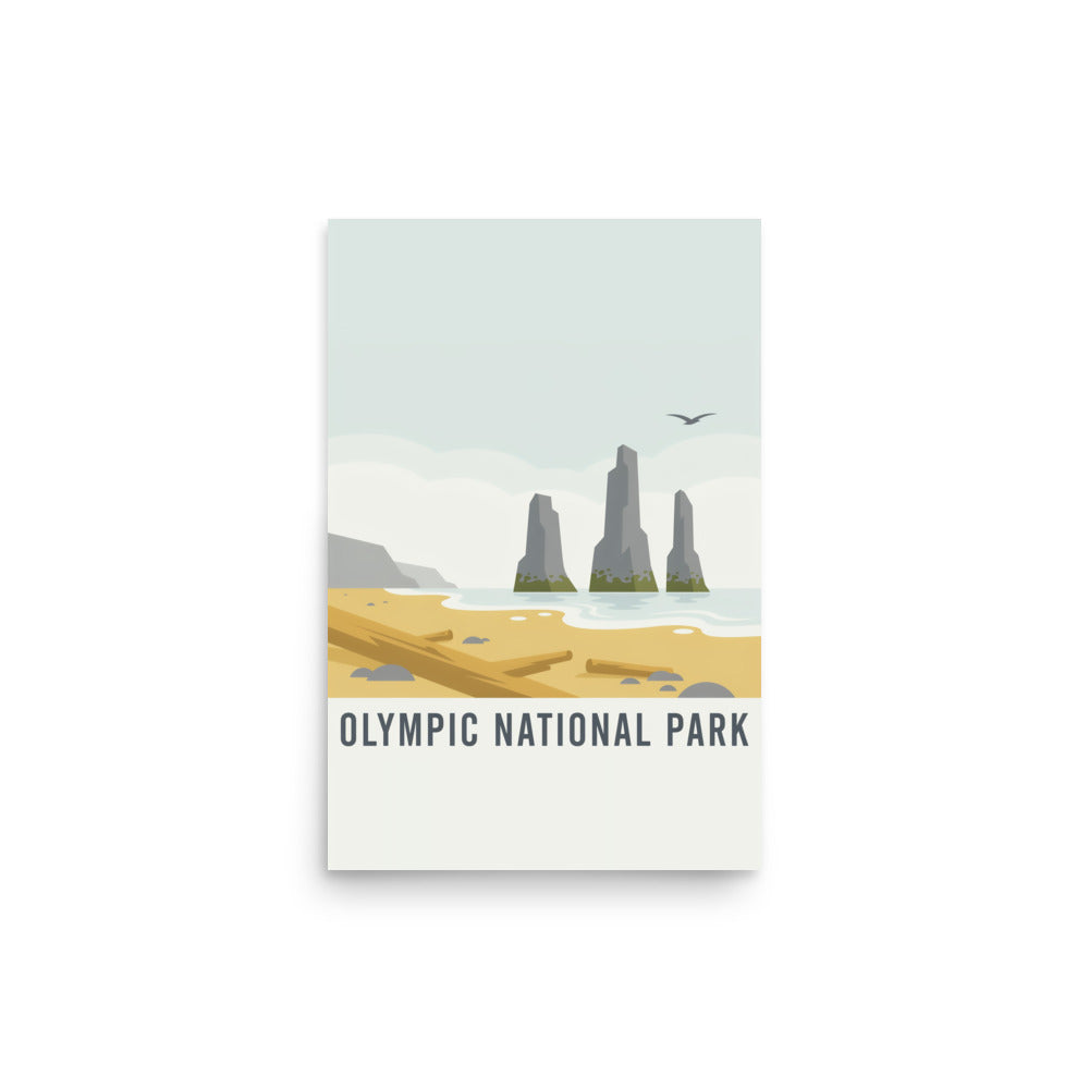 Olympic National Park vintage-style poster, 12 by 18 inch unframed matte print showing Pacific sea stacks above a driftwood beach