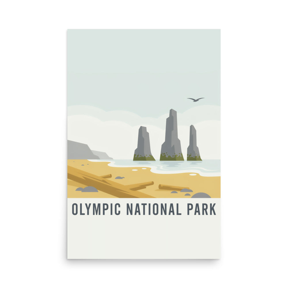 Olympic National Park vintage-style poster, 24 by 36 inch unframed matte print showing Pacific sea stacks above a driftwood beach