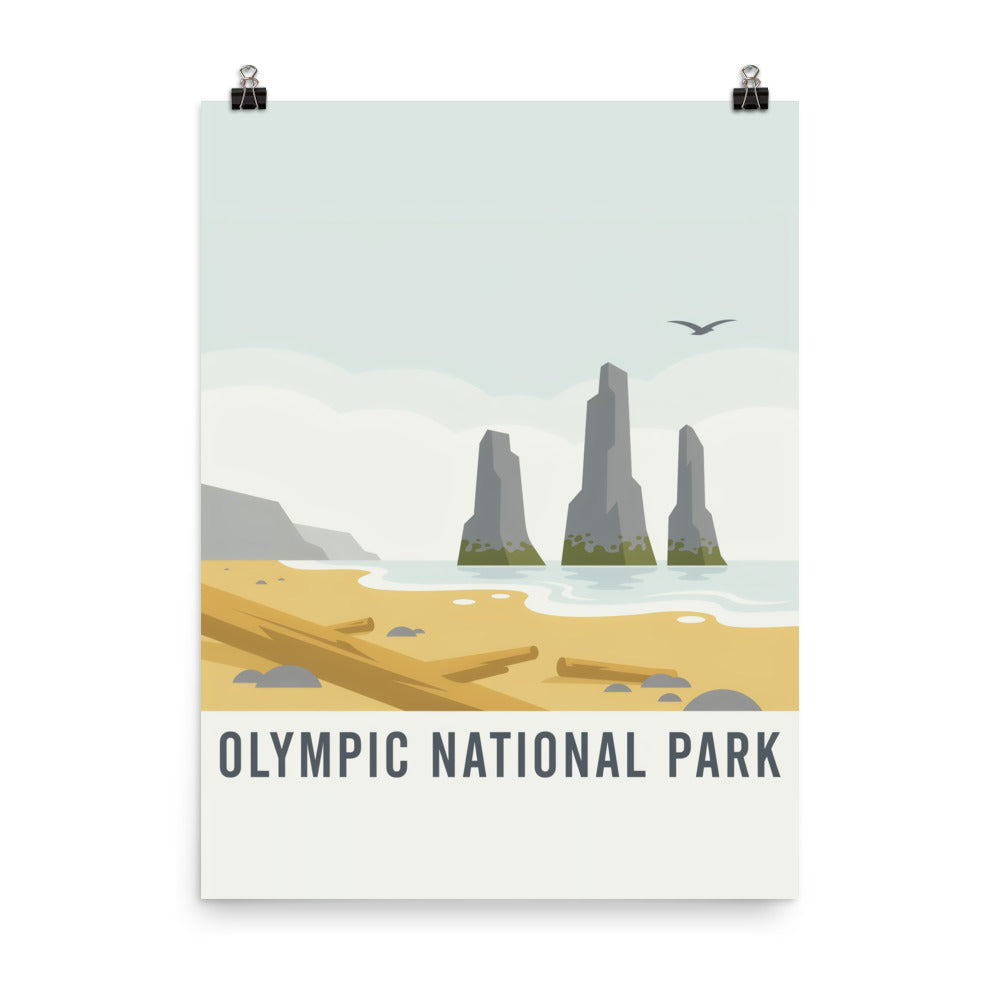 Olympic National Park vintage poster hung from clips against a plain background