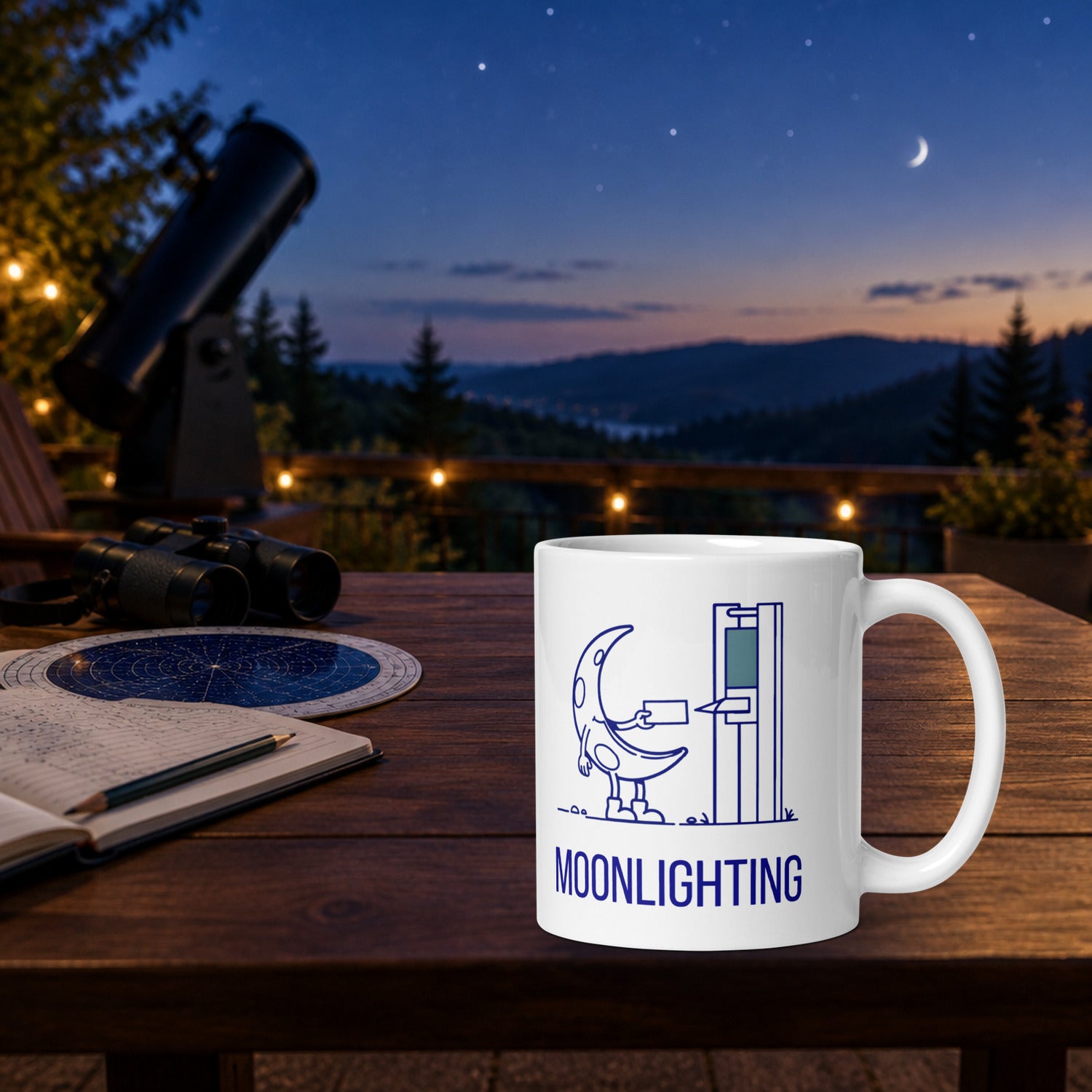 Moonlighting mug on a deck table as a crescent moon rises at dusk, binoculars, planisphere and telescope set up for a night of moon watching