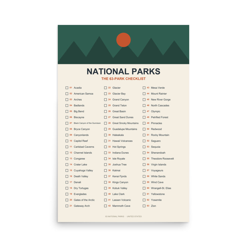 24x36 inch 63-park national parks checklist poster, full front view of the vintage mountain and sunrise header