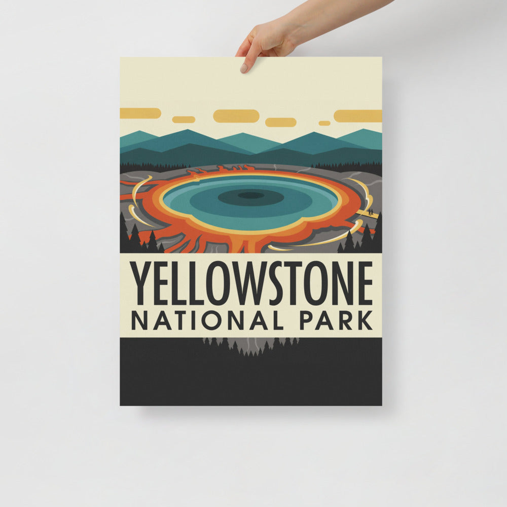 Yellowstone National Park vintage travel poster held at one corner against a plain wall