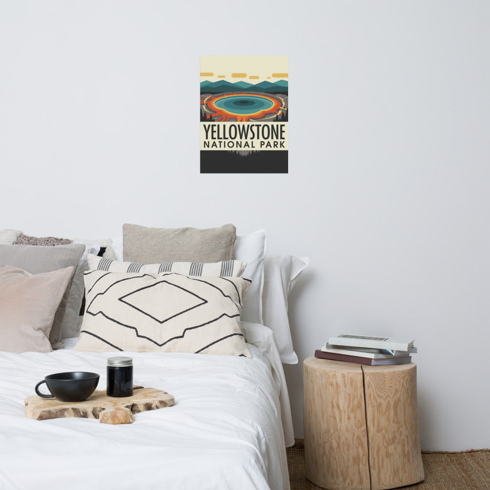 Yellowstone National Park vintage travel poster hanging on the wall above a bed in a neutral bedroom