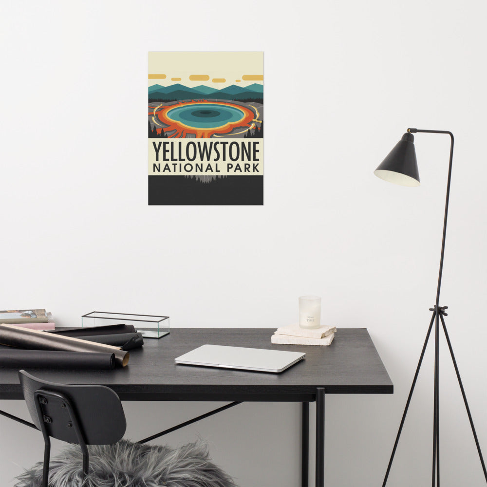 Yellowstone National Park vintage travel poster hanging above a desk in a modern home office