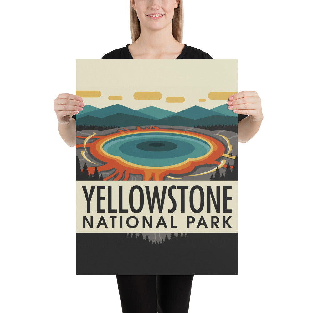 Yellowstone National Park vintage travel poster held by a person, showing the 18 by 24 inch scale