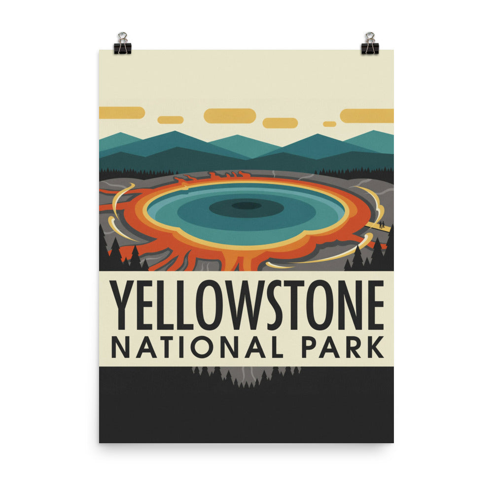 Yellowstone National Park vintage travel poster hung from clips against a white wall