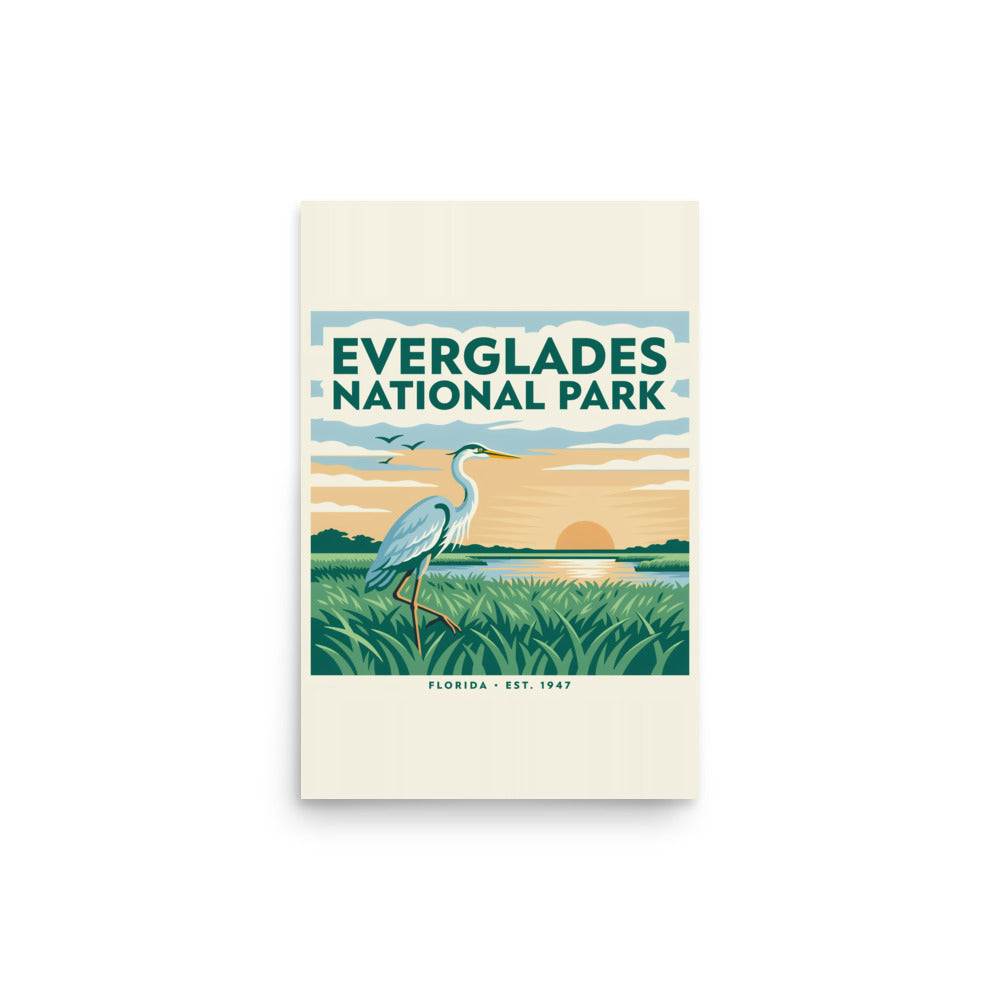 Everglades National Park vintage travel poster with a great blue heron over sawgrass at sunset, 12x18 inch matte print, front view
