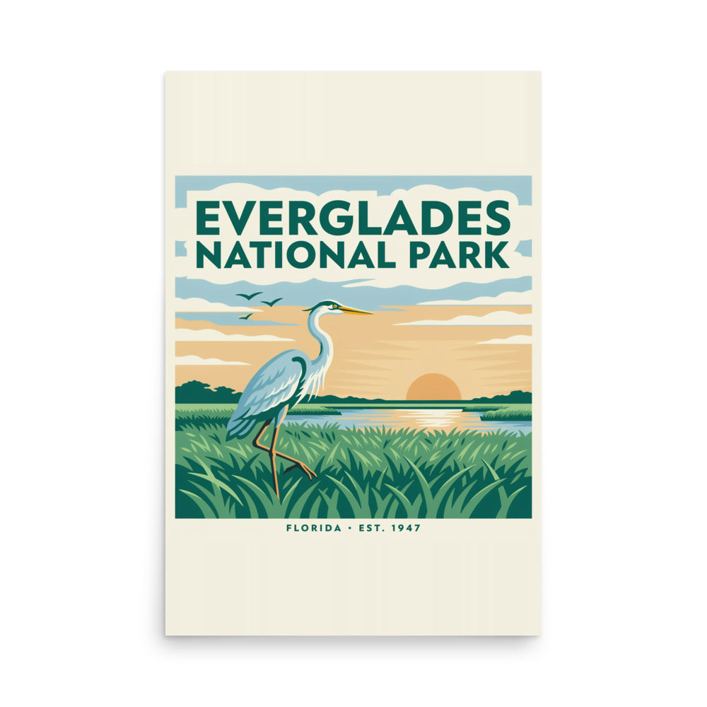 Everglades National Park vintage travel poster with a great blue heron over sawgrass at sunset, 24x36 inch matte print, front view