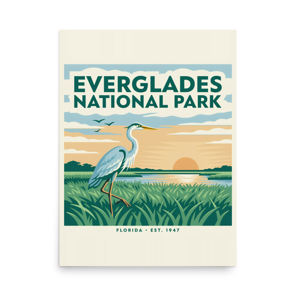 Everglades National Park vintage travel poster with a great blue heron over sawgrass at sunset, flat front view on a plain background