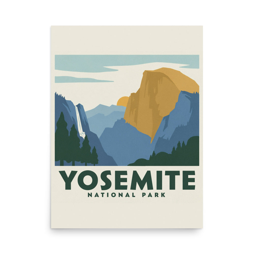 Yosemite National Park vintage travel poster showing Half Dome at golden hour above a blue valley, flat front view of the 18 by 24 inch print