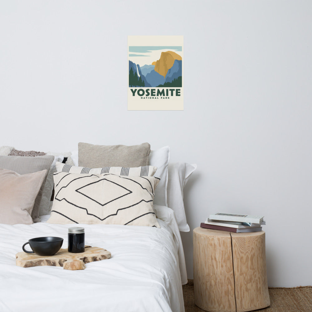 Yosemite National Park vintage travel poster hanging on the wall above a bed in a neutral bedroom