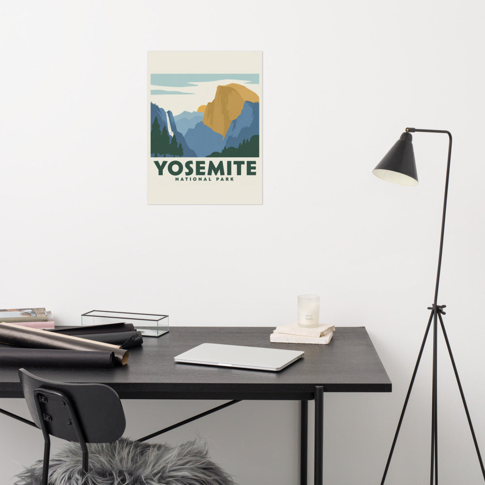 Yosemite National Park vintage travel poster hanging above a desk in a modern home office
