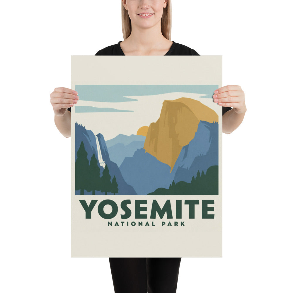 Yosemite National Park vintage travel poster held by a person, showing the 18 by 24 inch scale
