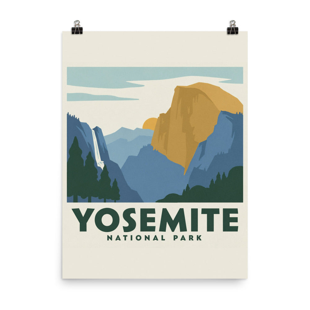 Yosemite National Park vintage travel poster hung from clips against a white wall