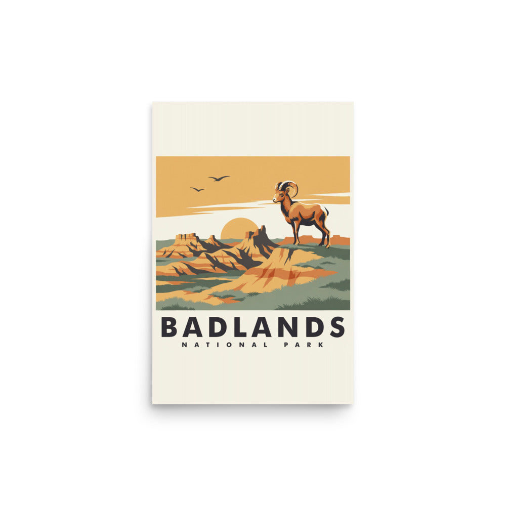Badlands National Park vintage travel poster with a bighorn ram above eroded rock spires, 12x18 inch matte print, front view