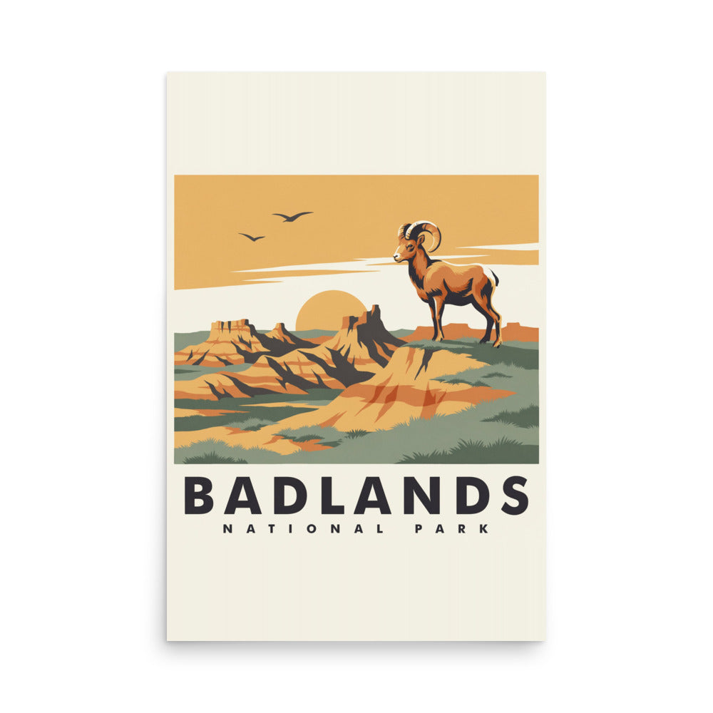 Badlands National Park vintage travel poster with a bighorn ram above eroded rock spires, 24x36 inch matte print, front view