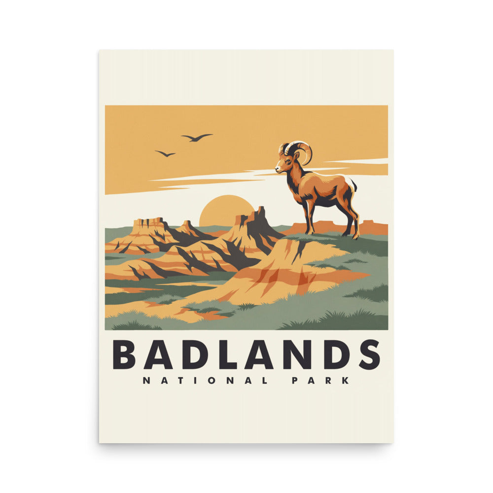 Badlands National Park vintage travel poster with a bighorn ram above eroded rock spires, flat front view on a plain background