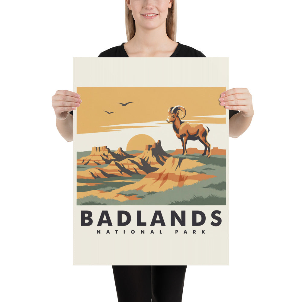 Badlands National Park vintage travel poster with a bighorn ram above eroded rock spires, held by a person to show scale