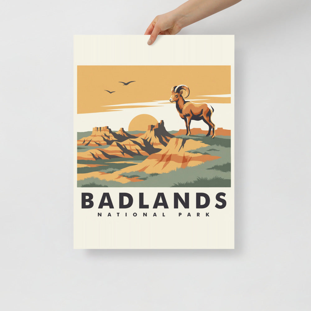 Badlands National Park vintage travel poster with a bighorn ram above eroded rock spires, held flat against a plain wall