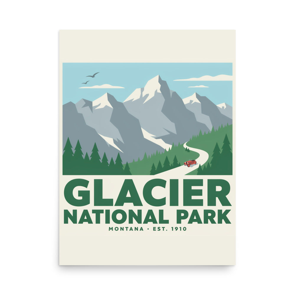 Glacier National Park vintage travel poster showing Going-to-the-Sun Road curving below snow-capped peaks, flat front view of the 18 by 24 inch print