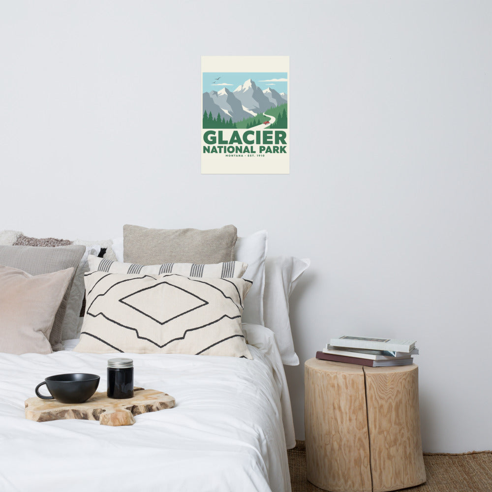 Glacier National Park vintage travel poster hanging on the wall above a bed in a neutral bedroom