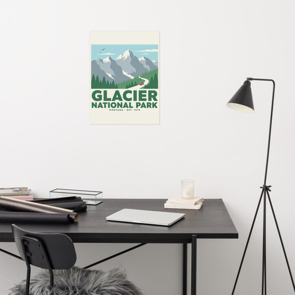 Glacier National Park vintage travel poster hanging above a desk in a modern home office
