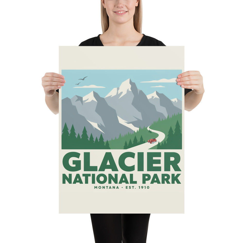 Glacier National Park vintage travel poster held by a person, showing the 18 by 24 inch scale