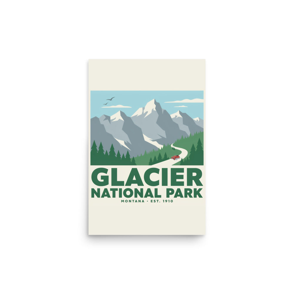 Glacier National Park vintage travel poster, 12 by 18 inch size, flat front view