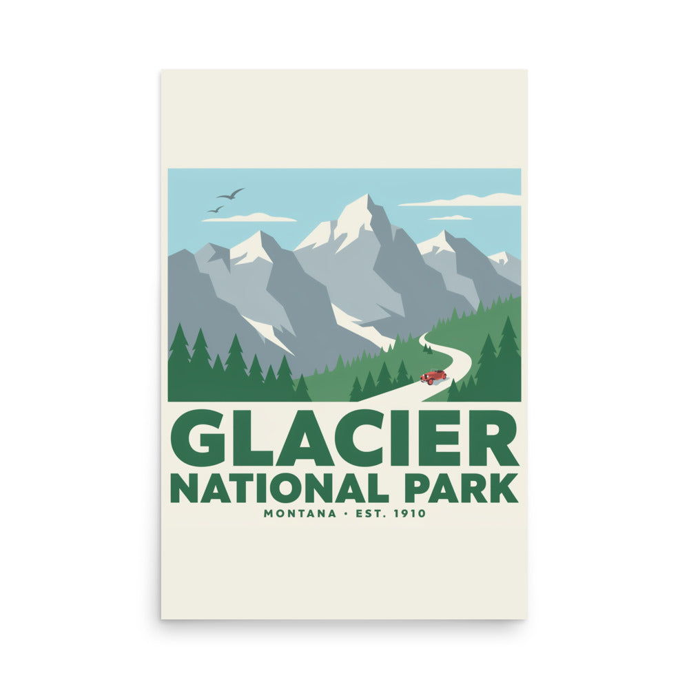 Glacier National Park vintage travel poster, 24 by 36 inch size, flat front view