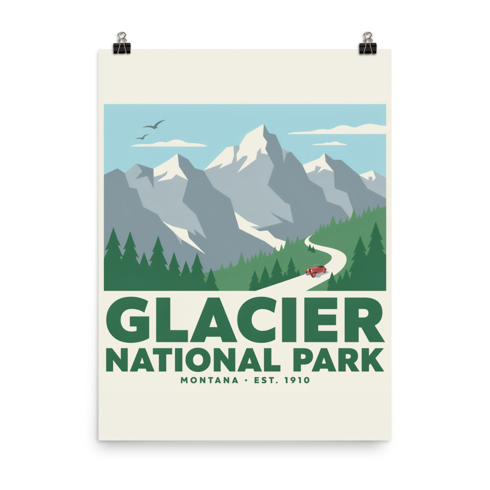 Glacier National Park vintage travel poster hung from clips against a white wall