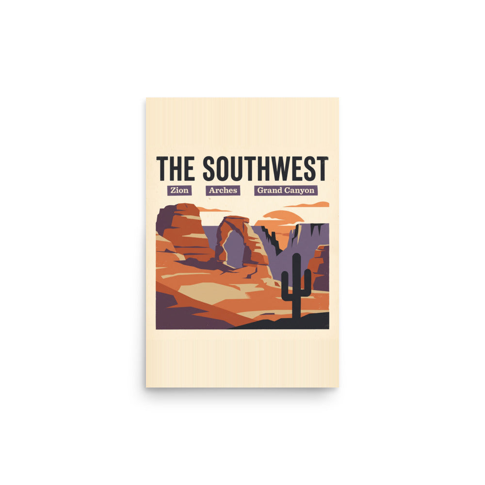 Southwest national parks vintage travel poster showing Zion, Arches and Grand Canyon in red rock layers, 12x18 inch matte print, front view