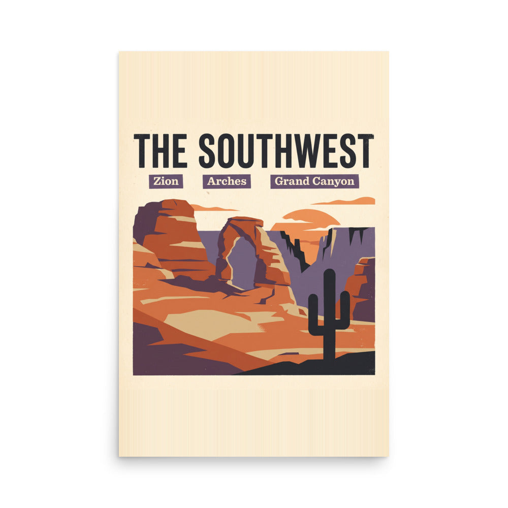 Southwest national parks vintage travel poster showing Zion, Arches and Grand Canyon in red rock layers, 24x36 inch matte print, front view