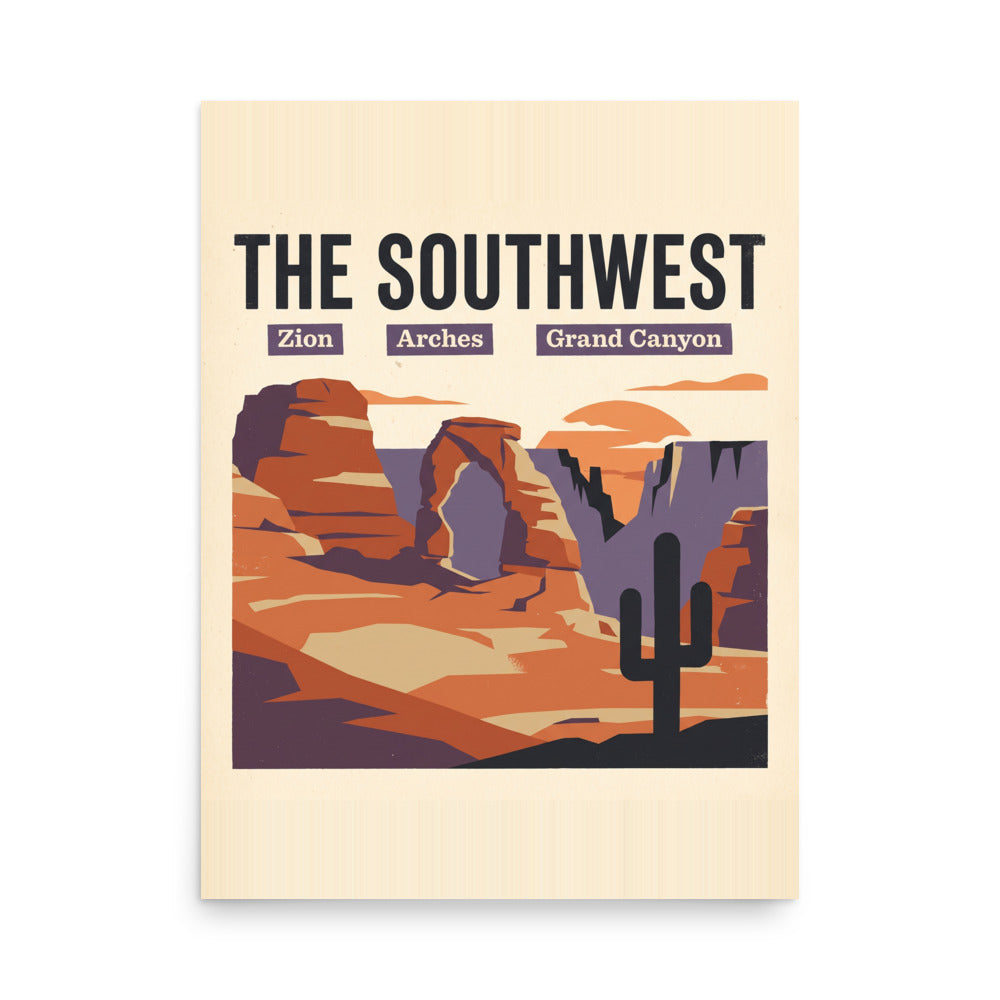 Southwest national parks vintage travel poster showing Zion, Arches and Grand Canyon in red rock layers, flat front view on a plain background