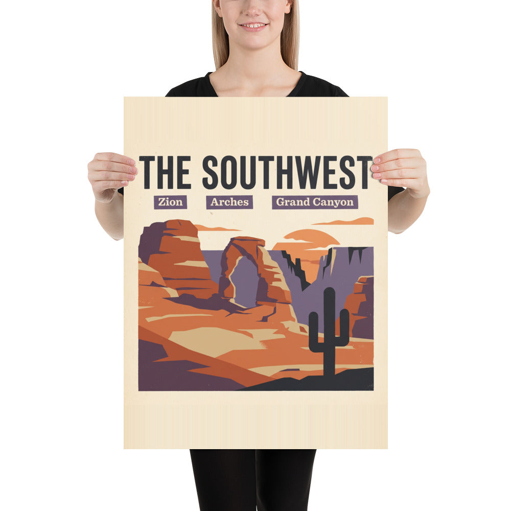 Southwest national parks vintage travel poster showing Zion, Arches and Grand Canyon in red rock layers, held by a person to show scale