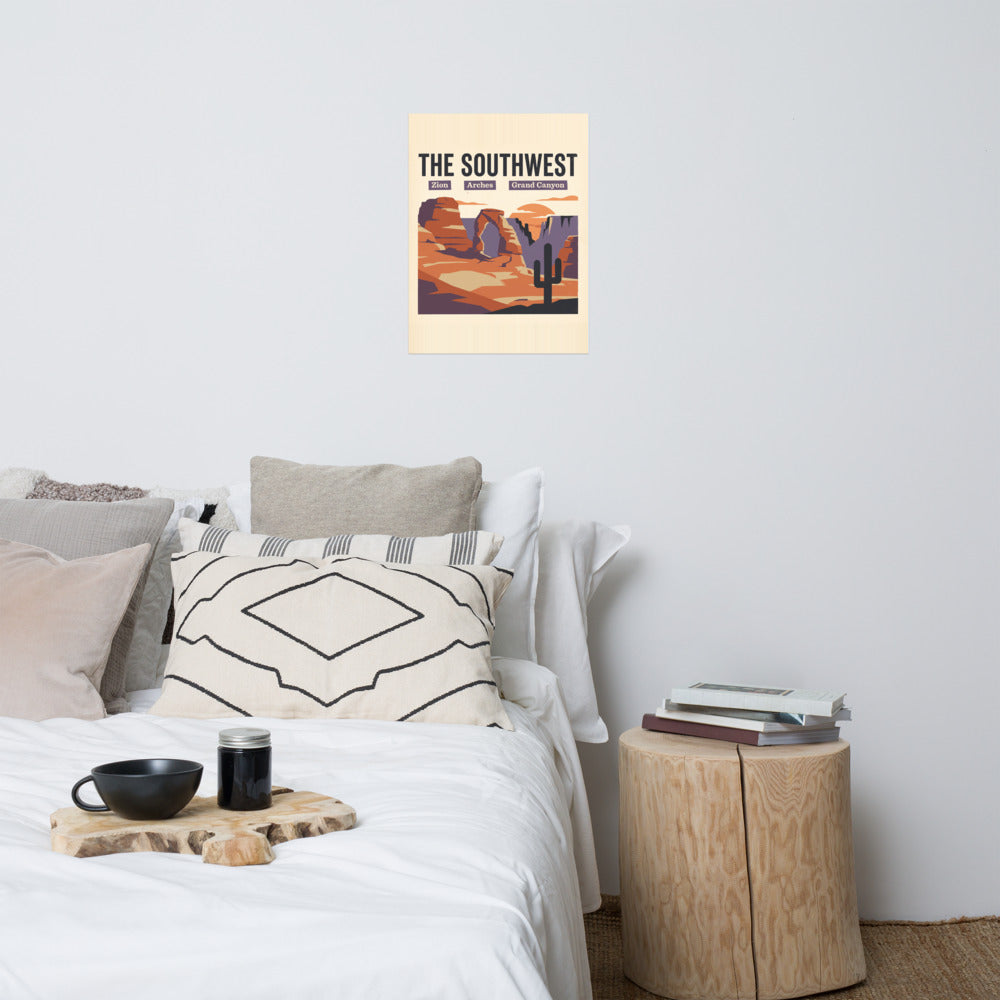 Southwest national parks vintage travel poster showing Zion, Arches and Grand Canyon in red rock layers, hanging above a bed in a styled bedroom