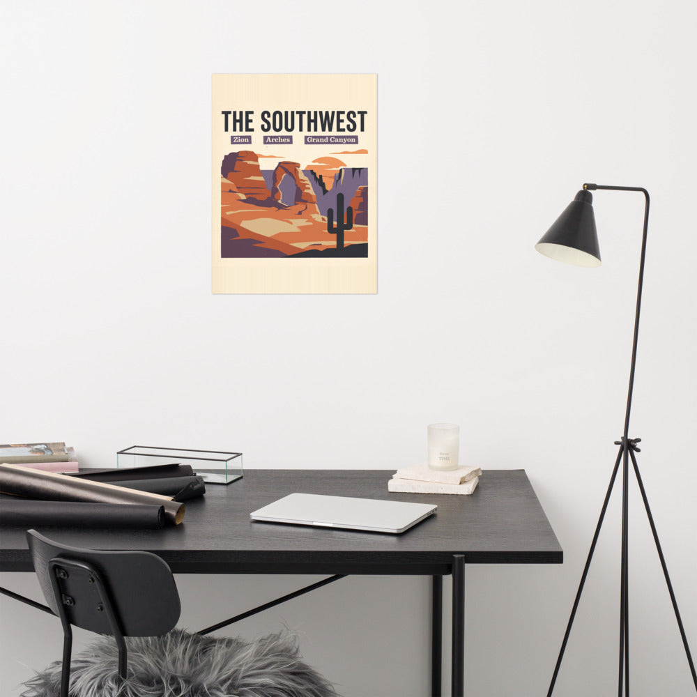 Southwest national parks vintage travel poster showing Zion, Arches and Grand Canyon in red rock layers, hanging above a desk in a home office