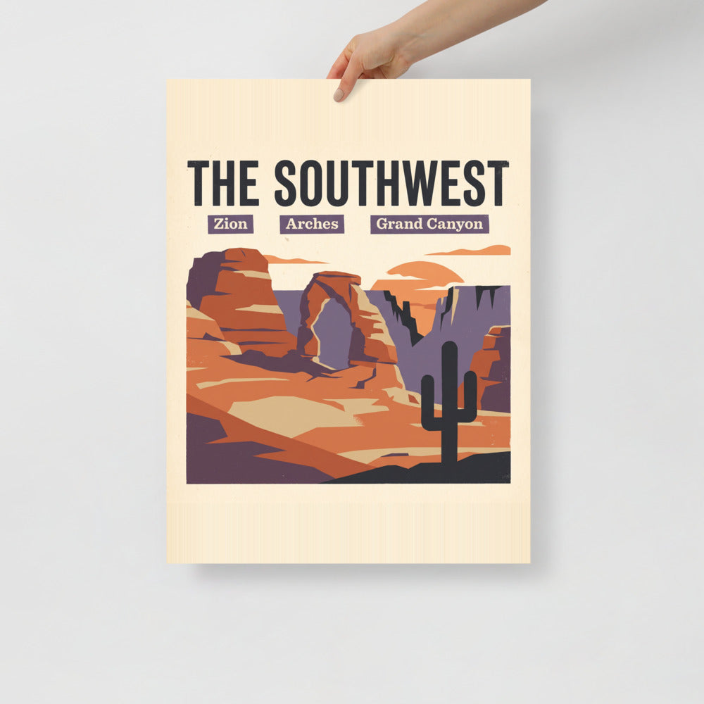 Southwest national parks vintage travel poster showing Zion, Arches and Grand Canyon in red rock layers, held flat against a plain wall