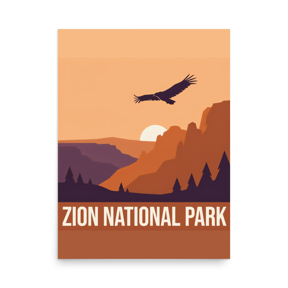 Zion National Park vintage travel poster showing orange sandstone canyon walls at sunset with a soaring condor, flat front view of the 18 by 24 inch print