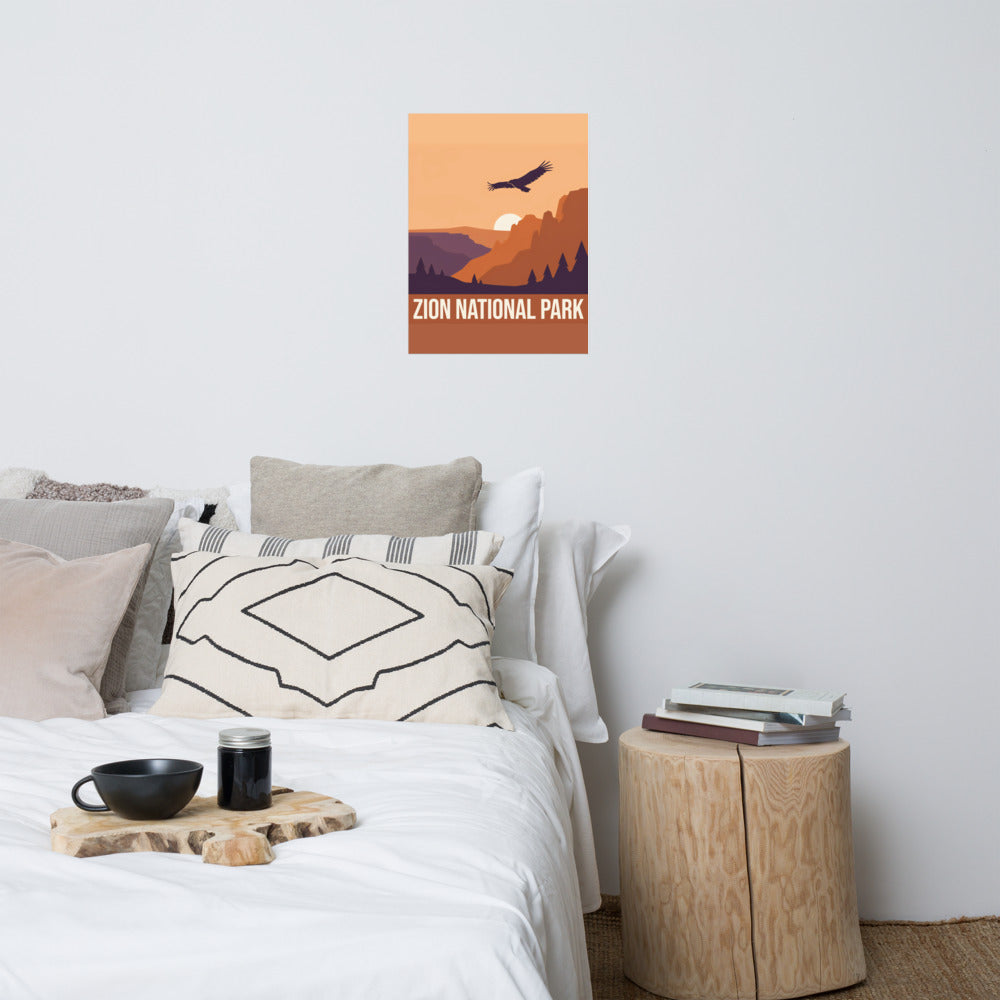 Zion National Park vintage travel poster hanging on the wall above a bed in a neutral bedroom