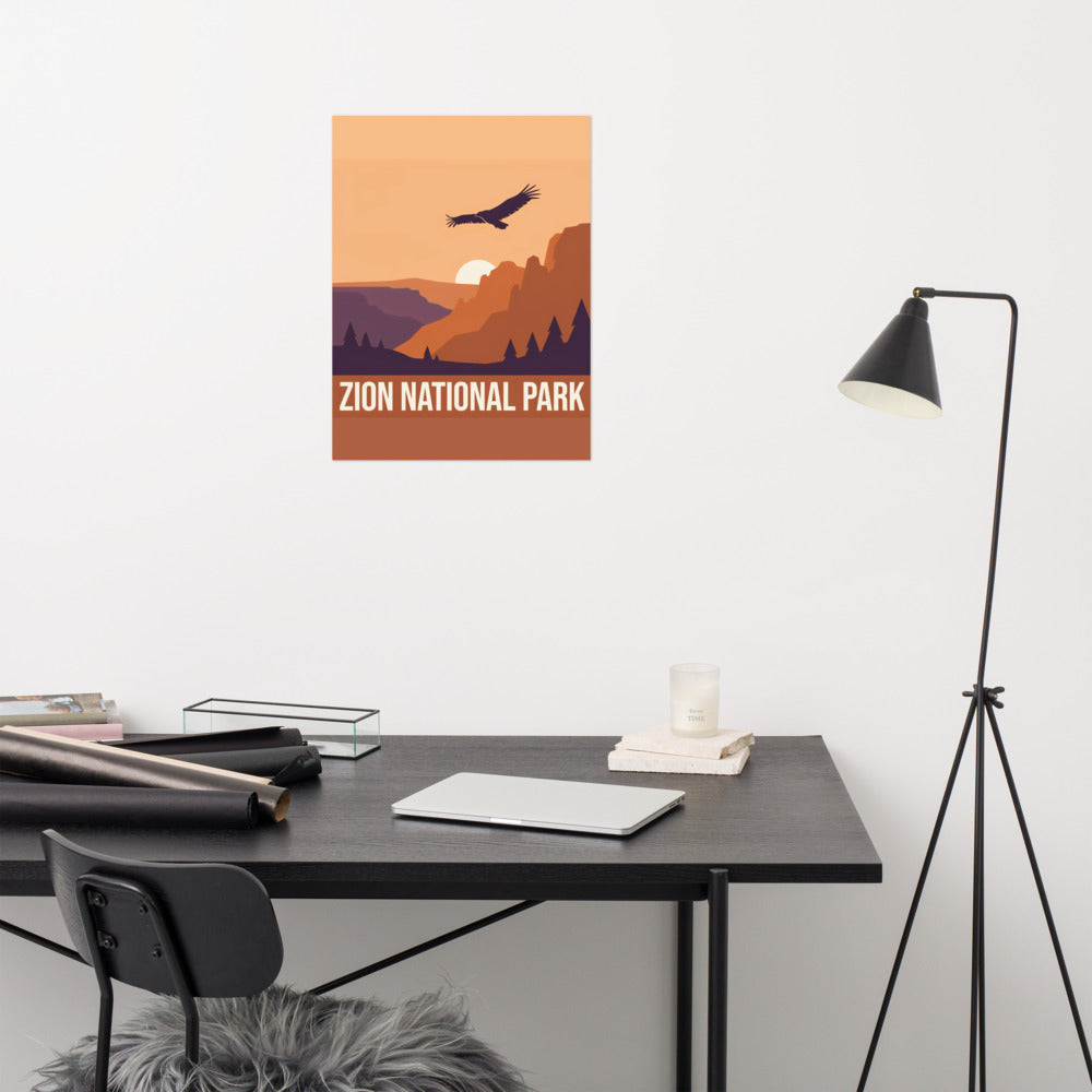 Zion National Park vintage travel poster hanging above a desk in a modern home office
