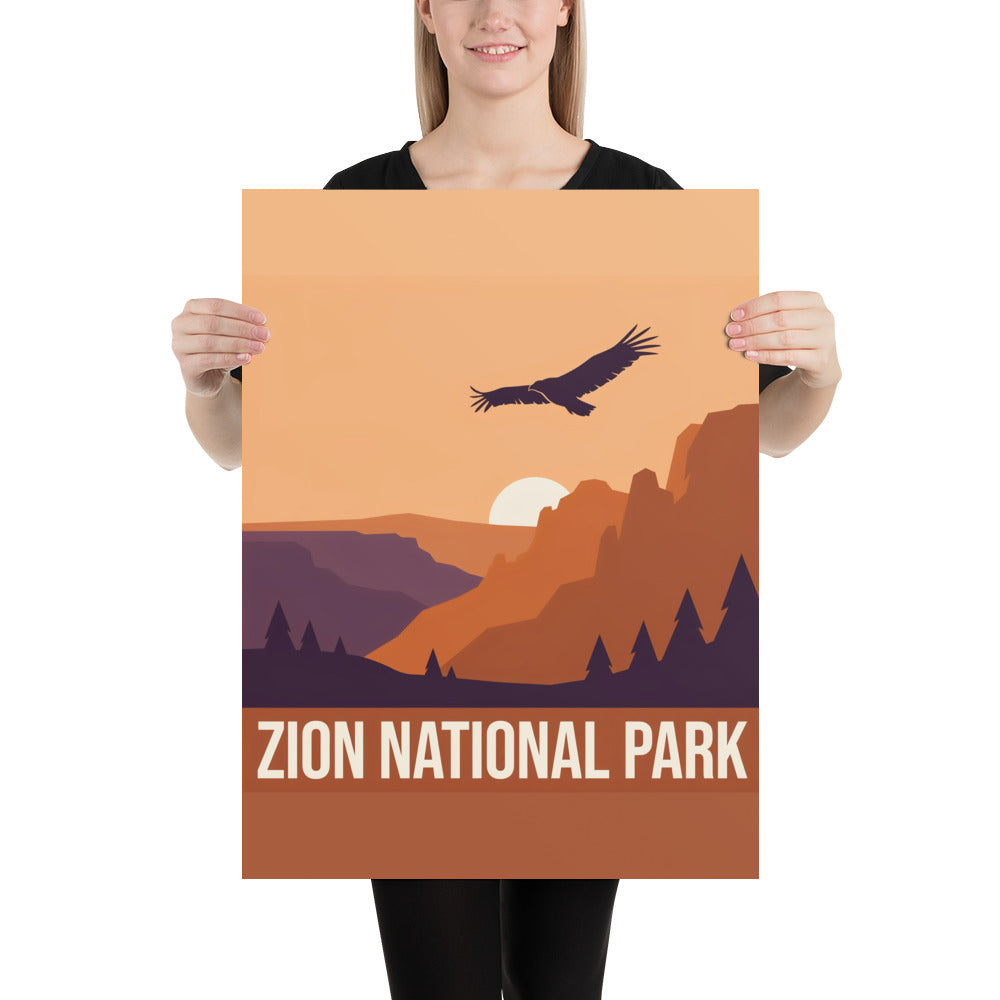 Zion National Park vintage travel poster held by a person, showing the 18 by 24 inch scale