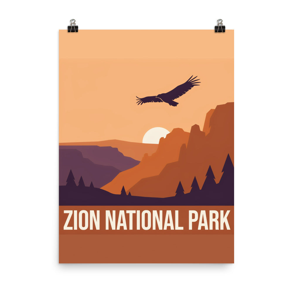 Zion National Park vintage travel poster hung from clips against a white wall