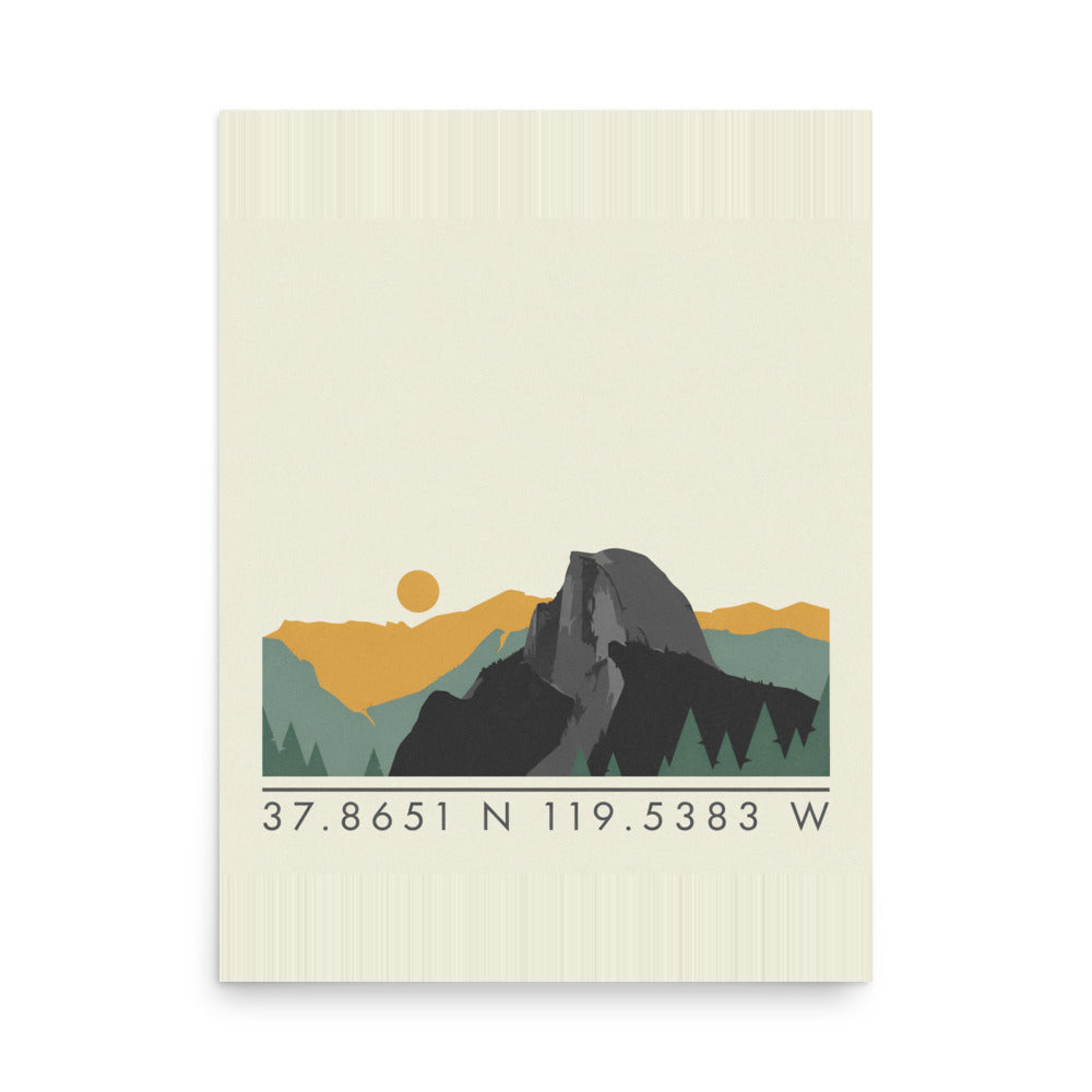 Yosemite coordinates poster with a Half Dome ridgeline and the coordinates 37.8651 N 119.5383 W, flat front view on a plain background
