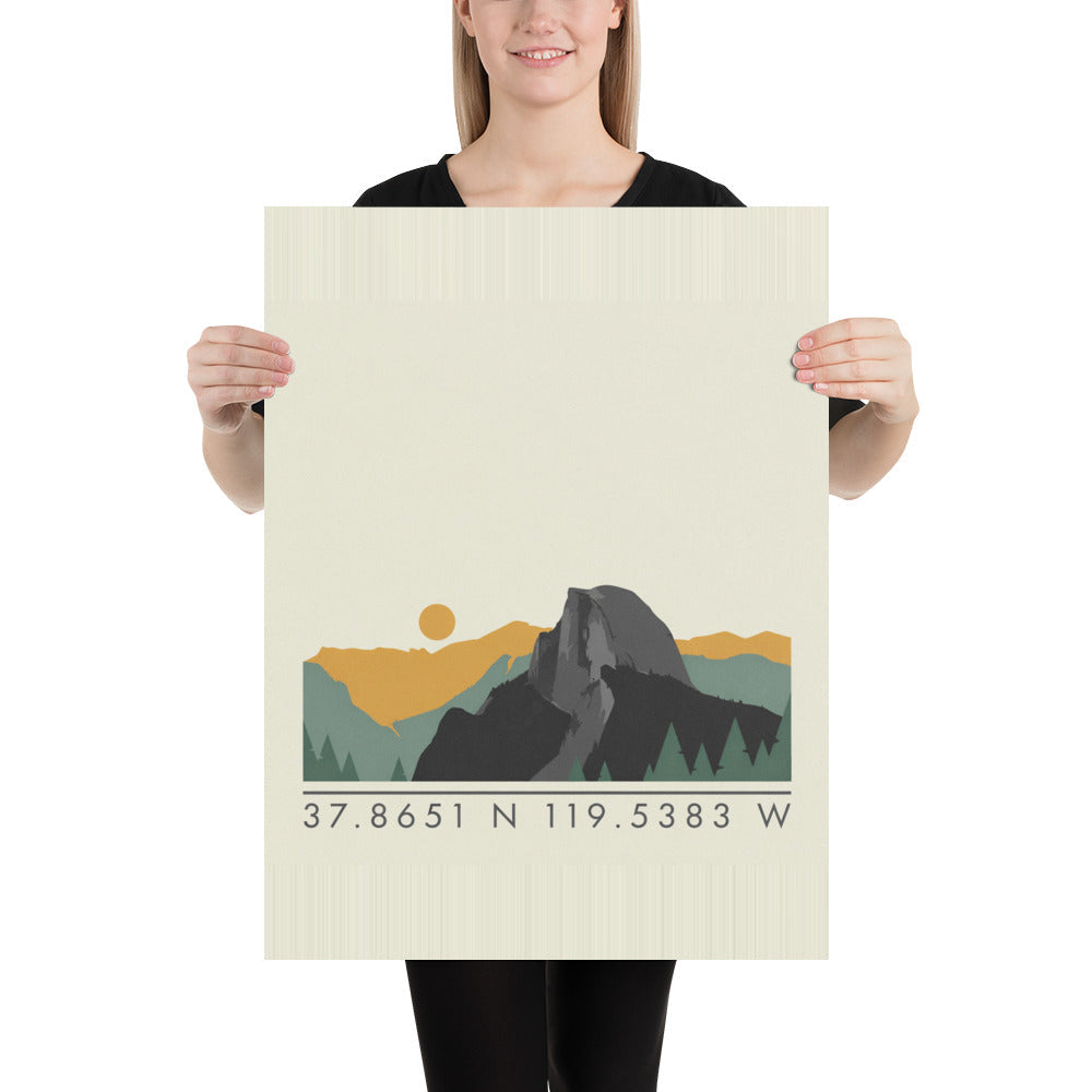 Yosemite coordinates poster with a Half Dome ridgeline and the coordinates 37.8651 N 119.5383 W, held by a person to show scale
